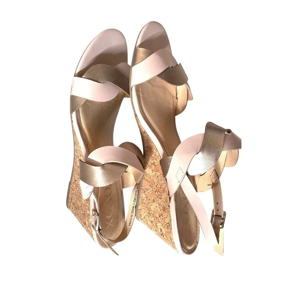 XOXO Women Pink Seaford-C Wedge Sandal 7.5 Metallic Gold Twisted Strap Cork Heel
